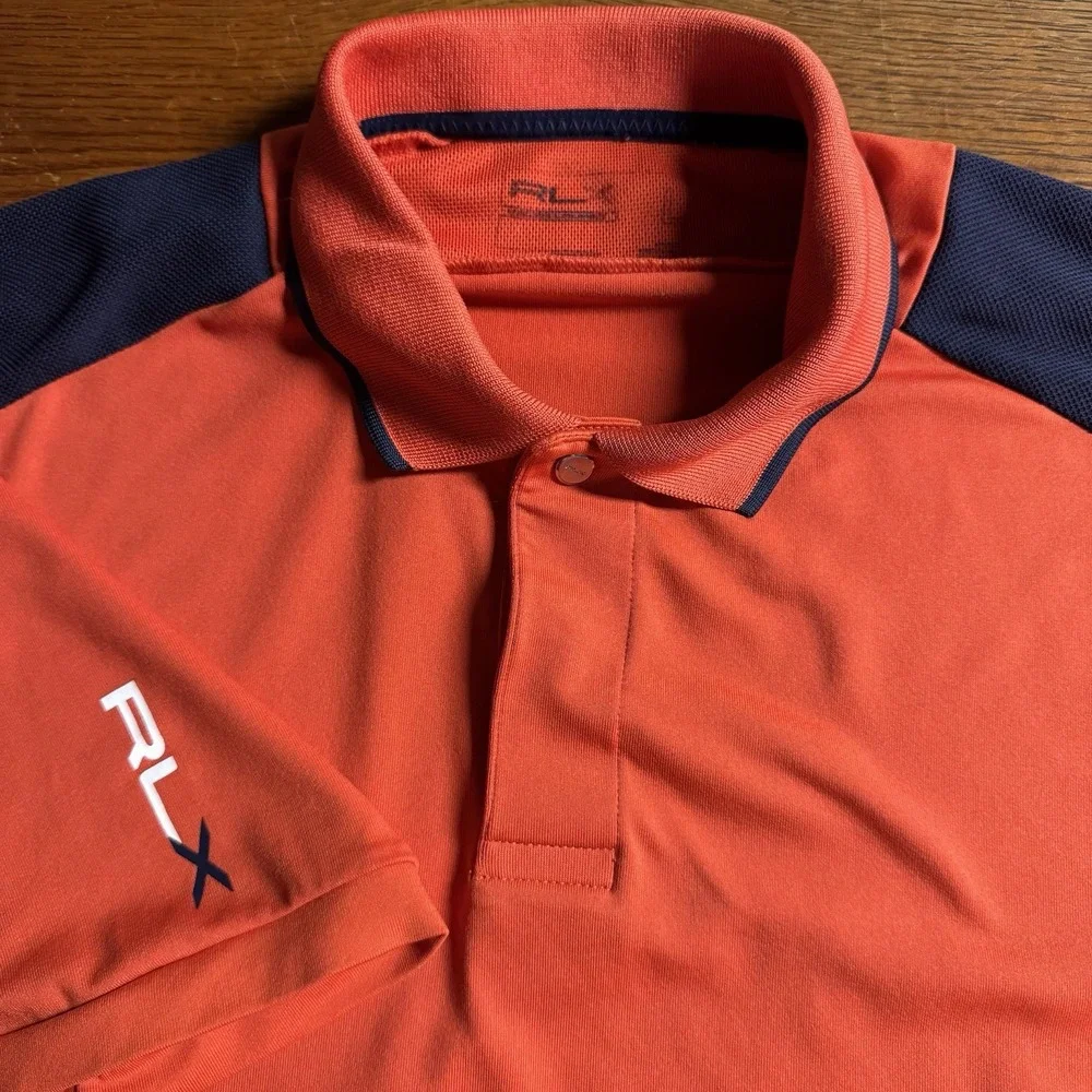 Polo Ralph Lauren RLX Orange Navy Blue Short Sleeve Shirt ‎ Size Large L